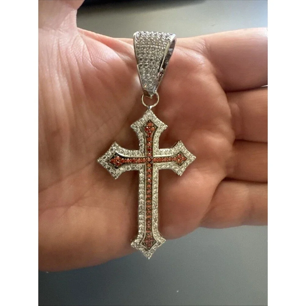 Silver Plated Red Cubic Zirconia Cross Pendant 24” Necklace Unisex Hip Hop